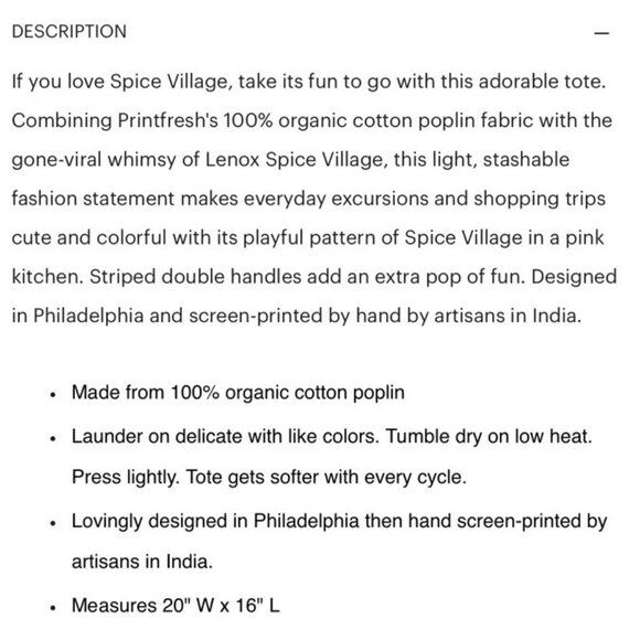 2025 LENOX PRINTFRESH Spice Village Tote Shopping Bag Organic Cotton - Picture 4 of 4